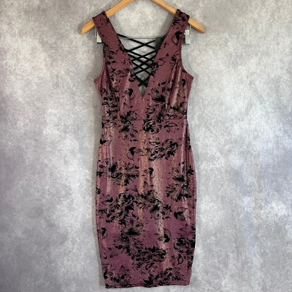 Privy Bodycon Dress Womens Medium Plum Metallic Floral Velvet Lace Up PD4380 NEW